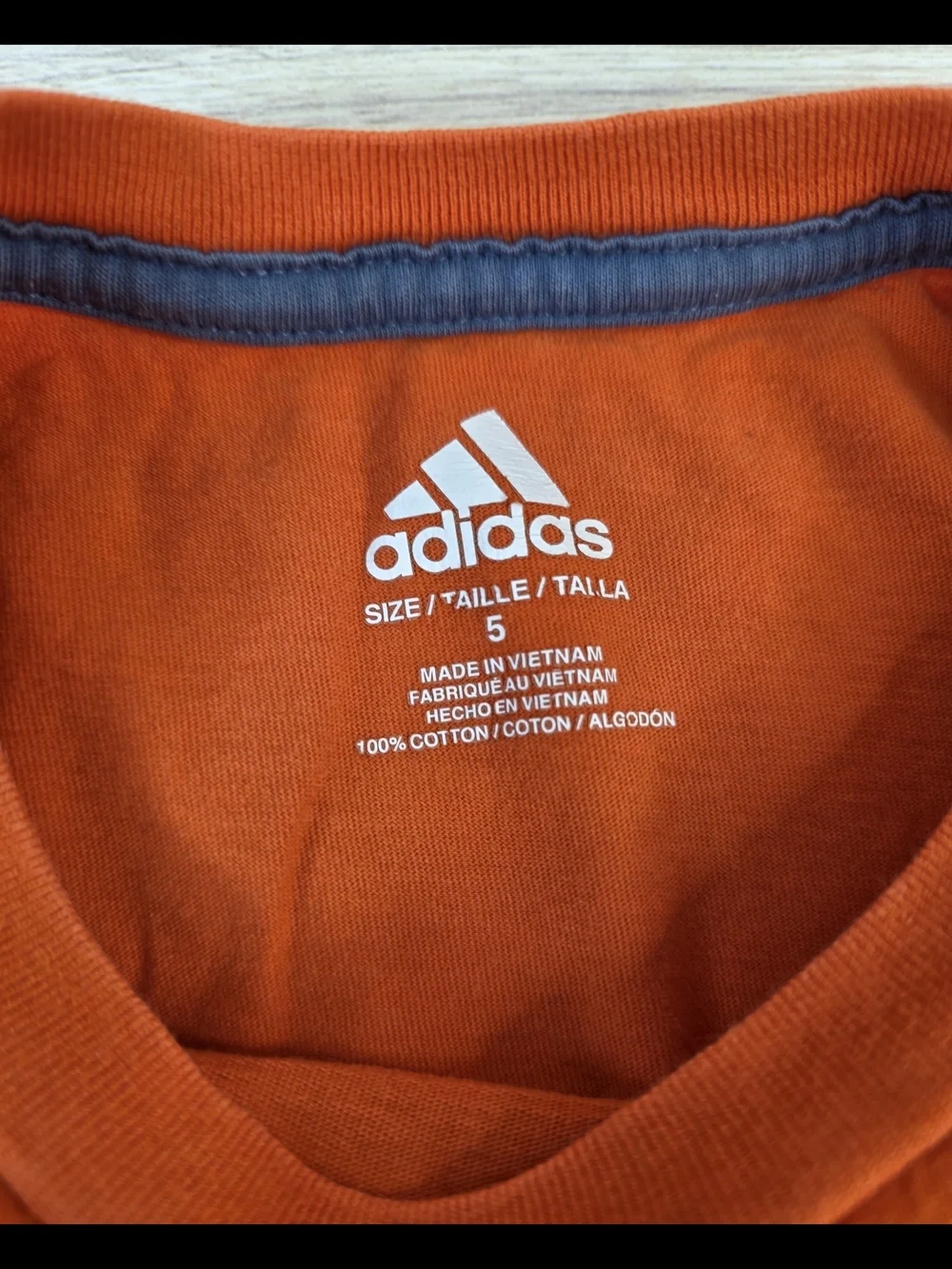 Boys 5 Adidas Orange Long Sleeve Tee with Navy & White Logo